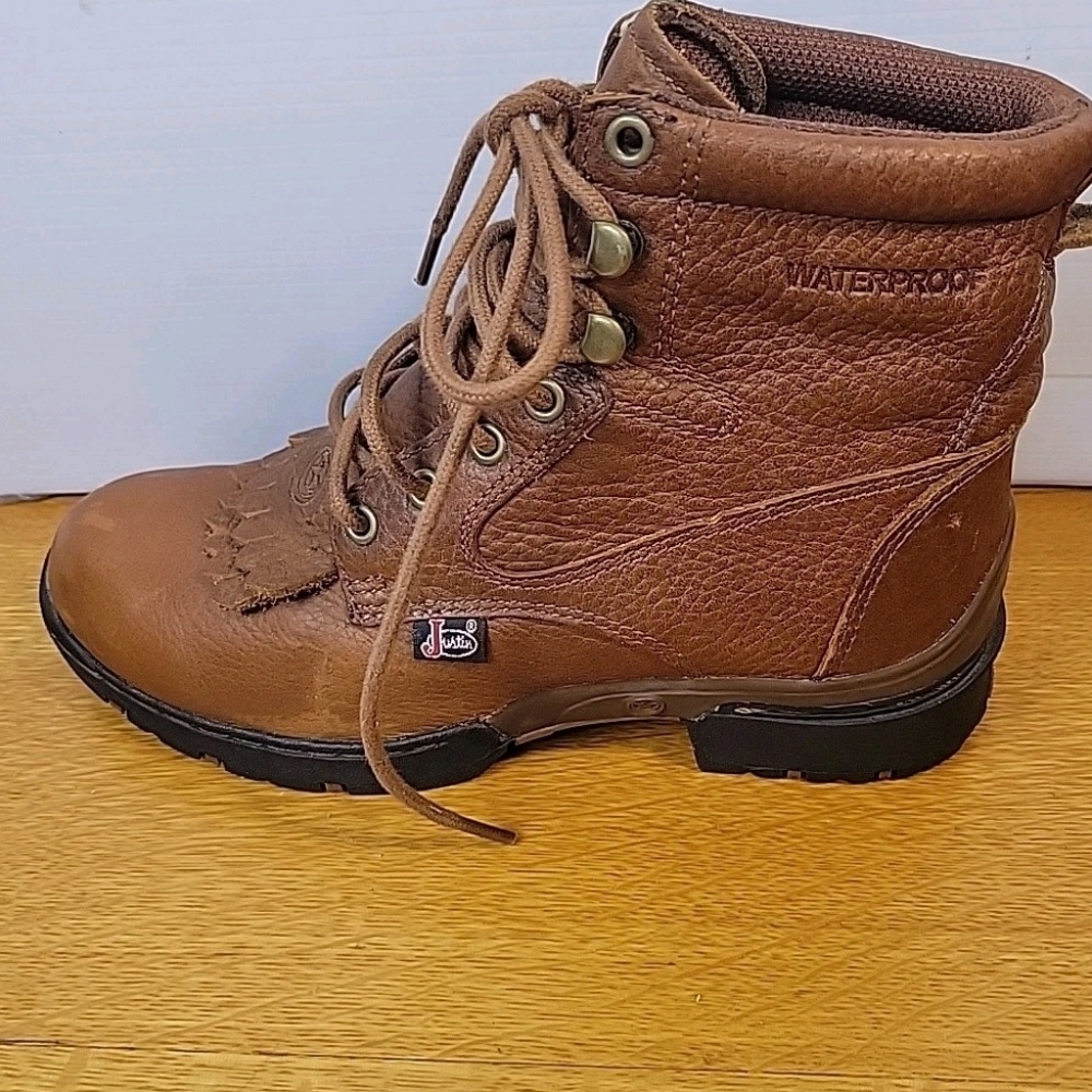 Justin Brown Leather Upper Lace Up Combat Moto Western Style Boots Sz 6B - Picture 8 of 15